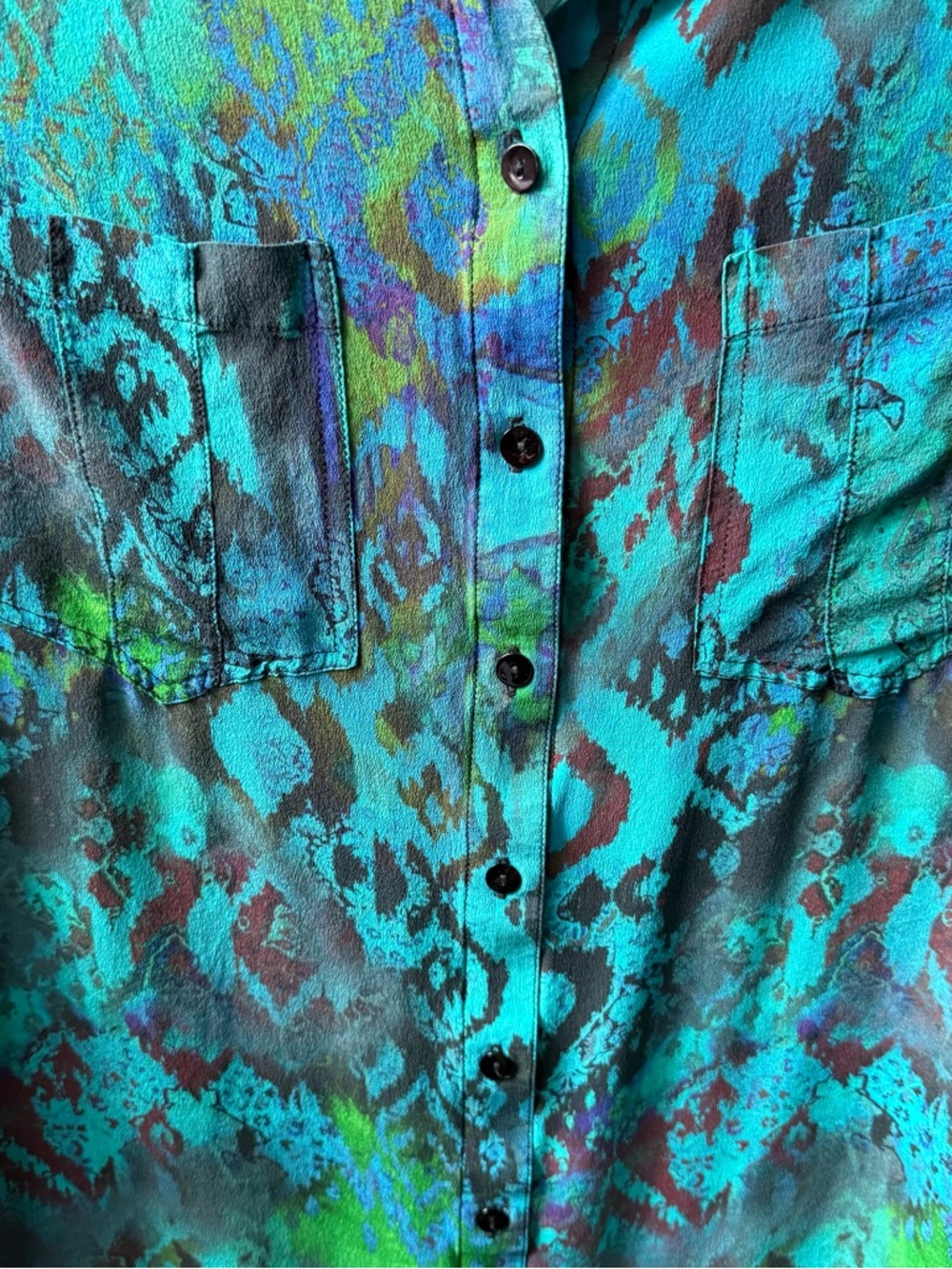 Tianello Silk Teal & Blue Abstract Print Button-Down Tunic style blouse - Picture 4 of 7